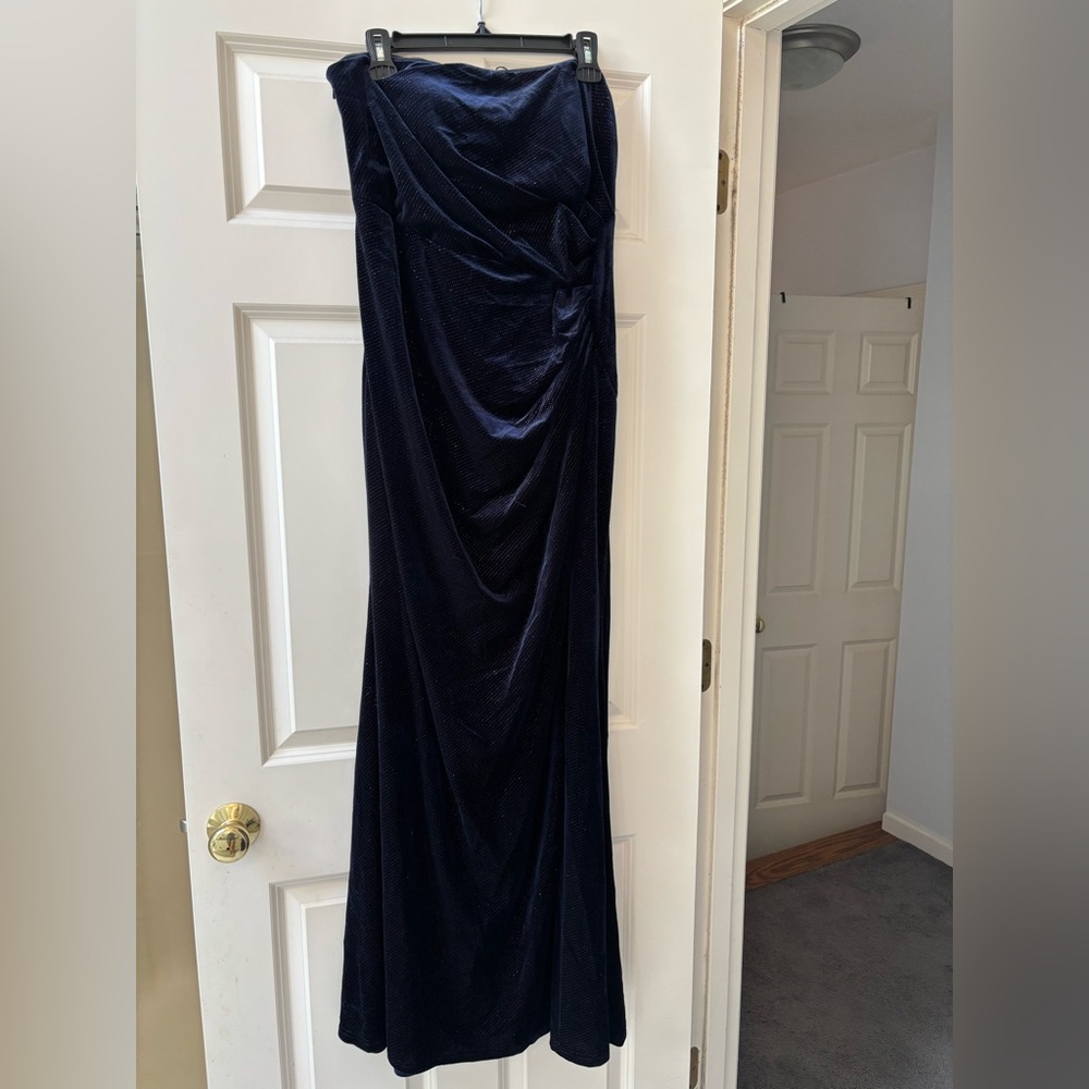 Galina Strapless Midnight Blue Dress with Sparkles and Slit, Sz 18